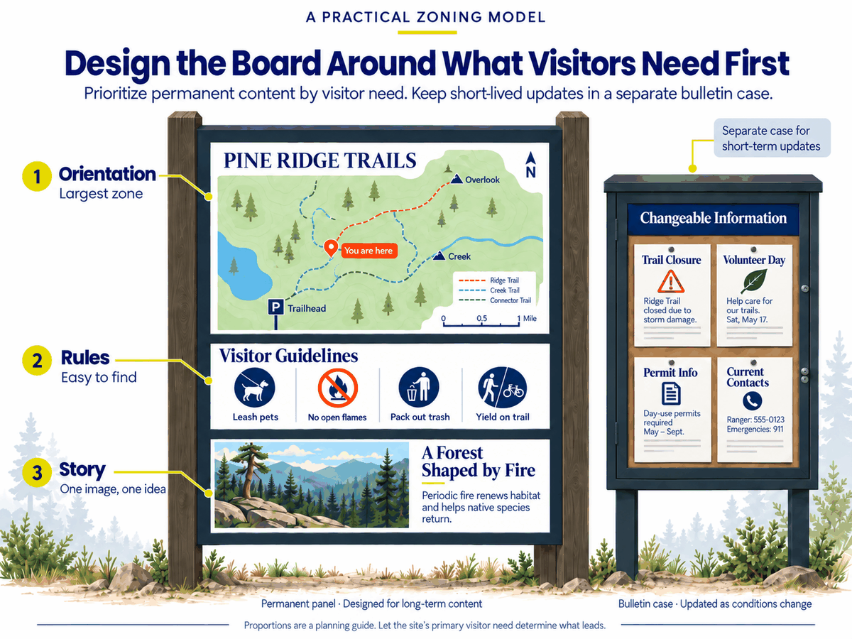 Outdoor information board zoning example showing separate areas for orientation, visitor rules, interpretation, and changeable notices.